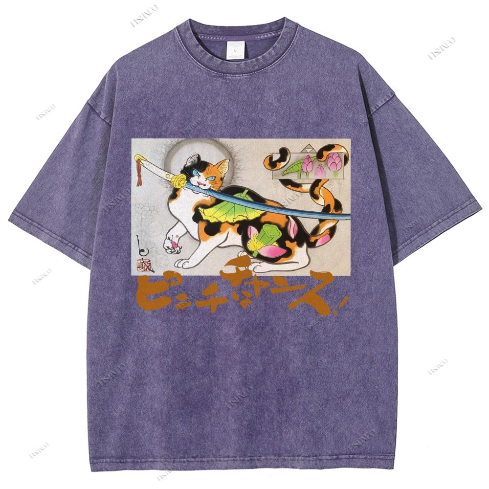 Unisex Vintage Japanese Cat Samurai Printed Washed Tee