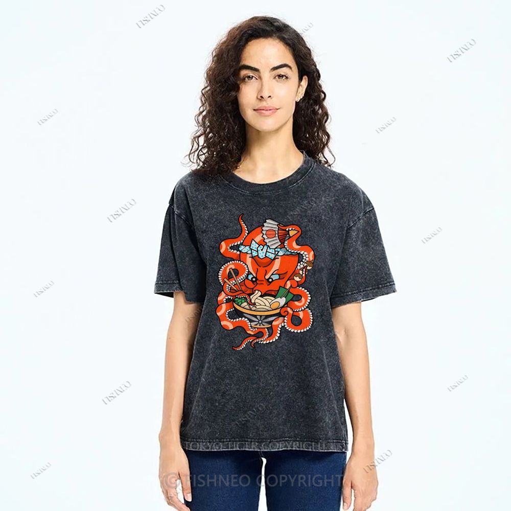 Unisex Vintage Octopus Noodle Printed Washed Tee