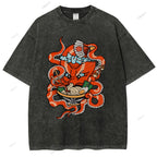 Unisex Vintage Octopus Noodle Printed Washed Tee