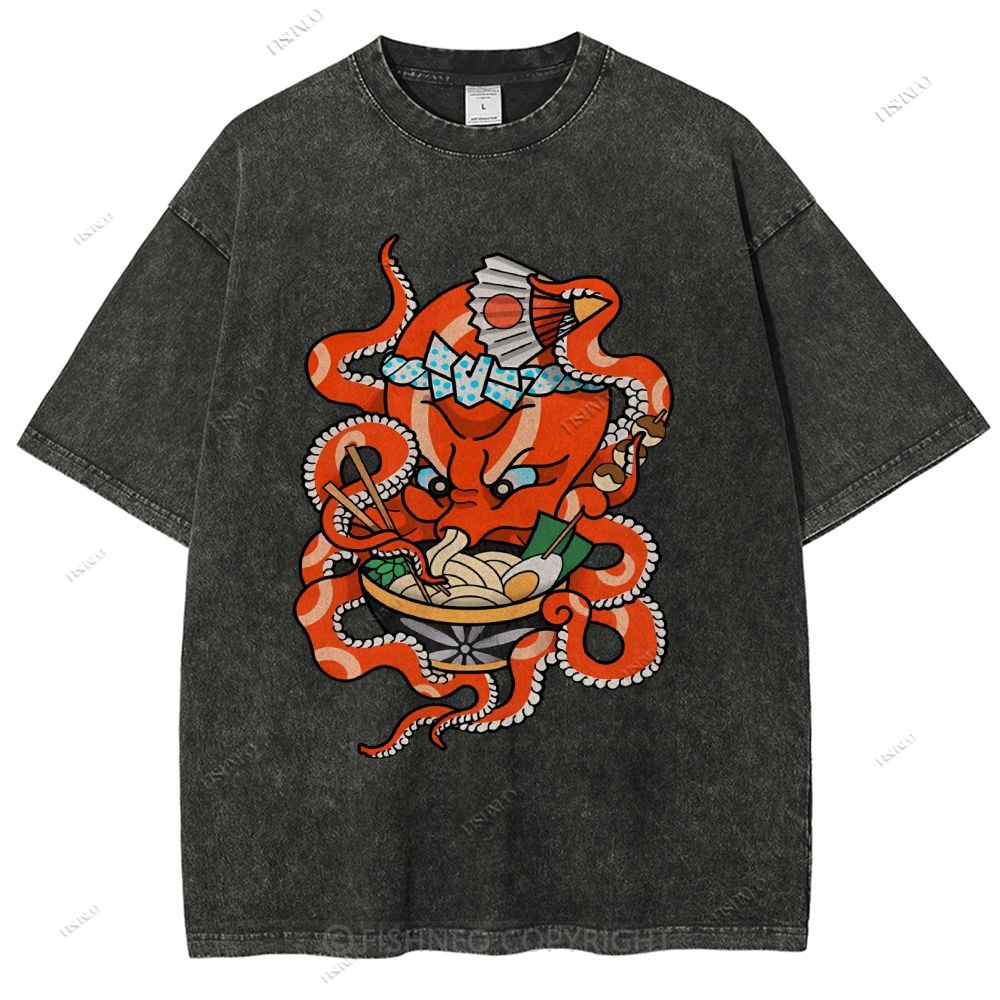 Unisex Vintage Octopus Noodle Printed Washed Tee