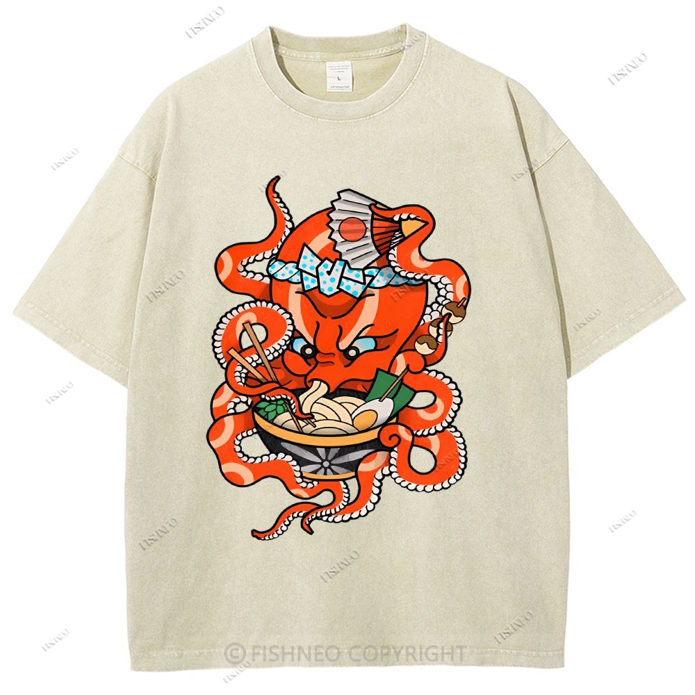 Unisex Vintage Octopus Noodle Printed Washed Tee
