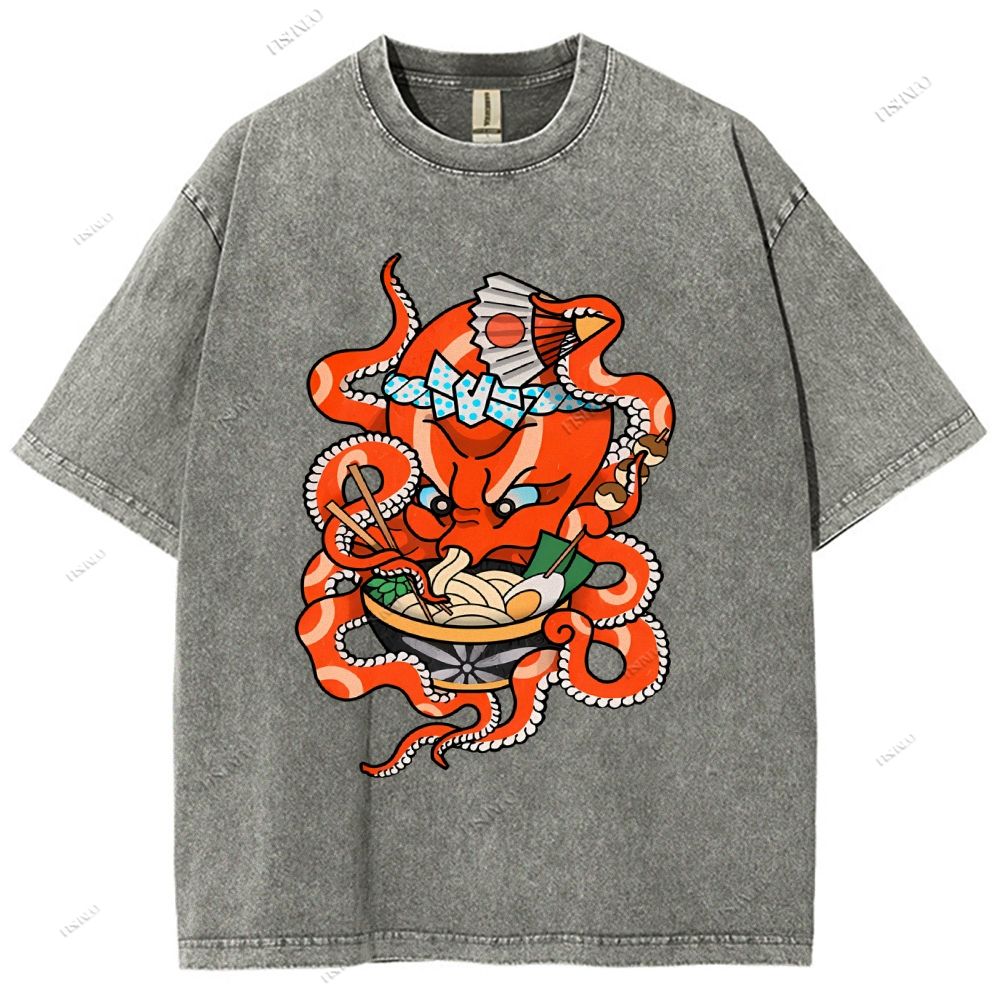 Unisex Vintage Octopus Noodle Printed Washed Tee