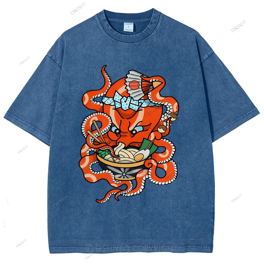 Unisex Vintage Octopus Noodle Printed Washed Tee