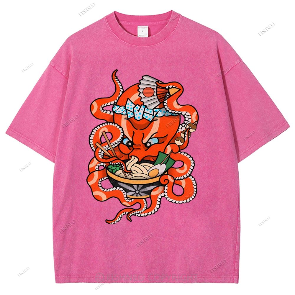 Unisex Vintage Octopus Noodle Printed Washed Tee