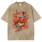 Unisex Vintage Octopus Noodle Printed Washed Tee