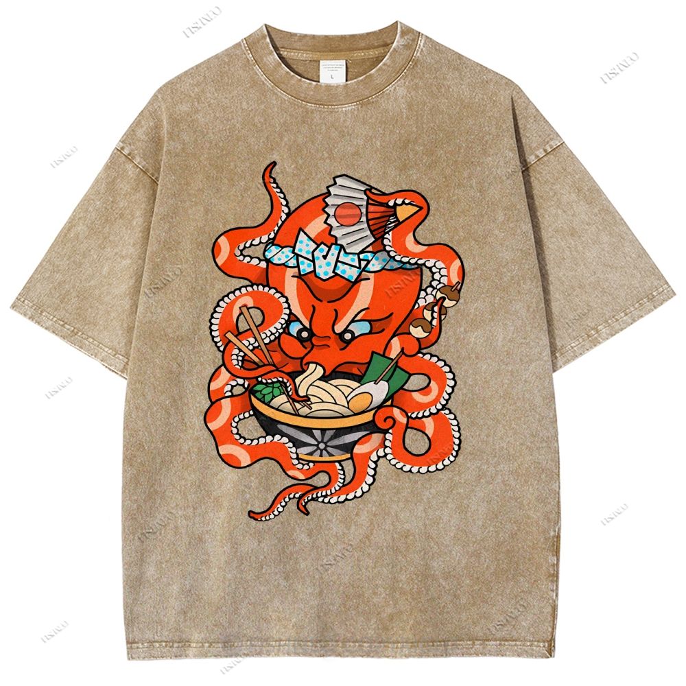 Unisex Vintage Octopus Noodle Printed Washed Tee