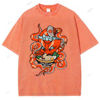 Unisex Vintage Octopus Noodle Printed Washed Tee
