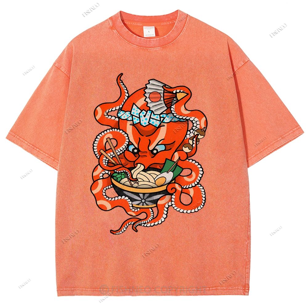 Unisex Vintage Octopus Noodle Printed Washed Tee
