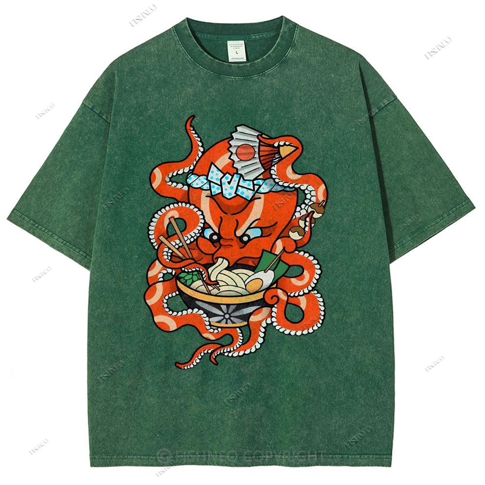 Unisex Vintage Octopus Noodle Printed Washed Tee
