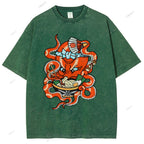 Unisex Vintage Octopus Noodle Printed Washed Tee