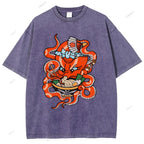 Unisex Vintage Octopus Noodle Printed Washed Tee