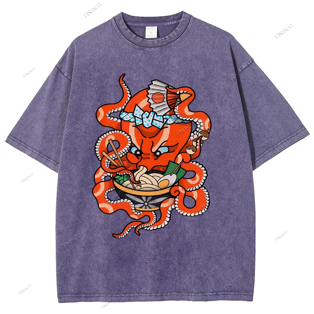 Unisex Vintage Octopus Noodle Printed Washed Tee