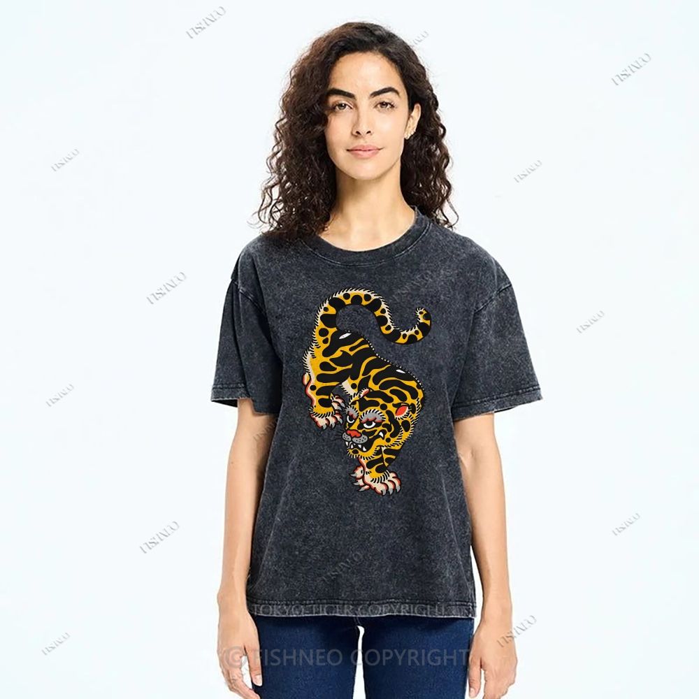 Unisex Vintage Old School Tattoo Tiger Printed Washed Tee