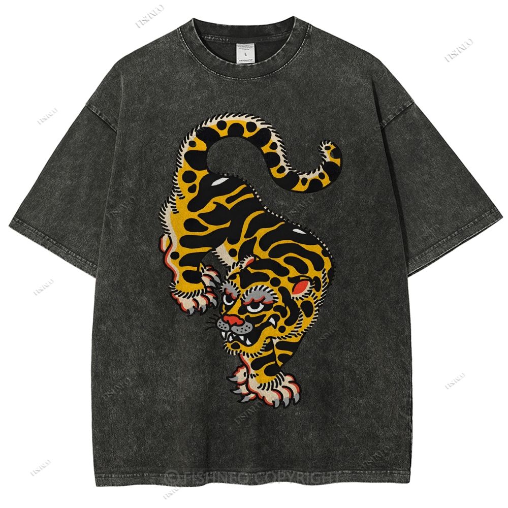Unisex Vintage Old School Tattoo Tiger Printed Washed Tee