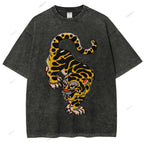 Unisex Vintage Old School Tattoo Tiger Printed Washed Tee