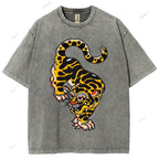 Unisex Vintage Old School Tattoo Tiger Printed Washed Tee
