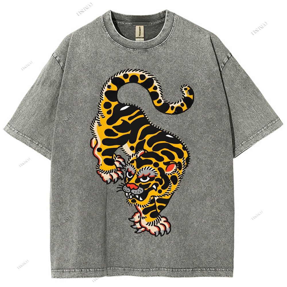 Unisex Vintage Old School Tattoo Tiger Printed Washed Tee