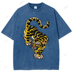 Unisex Vintage Old School Tattoo Tiger Printed Washed Tee
