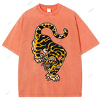 Unisex Vintage Old School Tattoo Tiger Printed Washed Tee