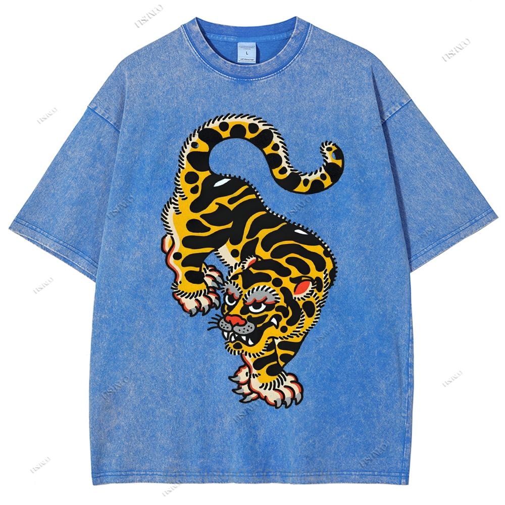 Unisex Vintage Old School Tattoo Tiger Printed Washed Tee
