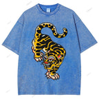 Unisex Vintage Old School Tattoo Tiger Printed Washed Tee