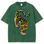 Unisex Vintage Old School Tattoo Tiger Printed Washed Tee