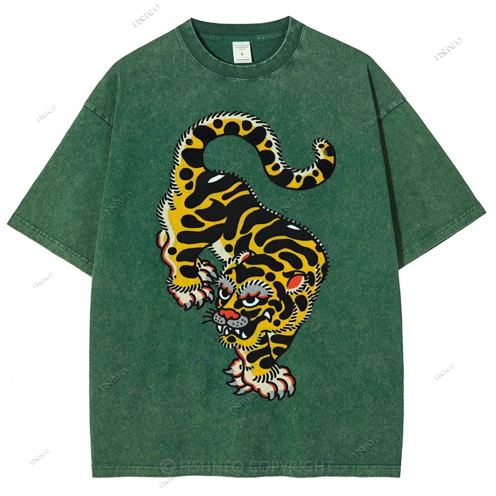 Unisex Vintage Old School Tattoo Tiger Printed Washed Tee