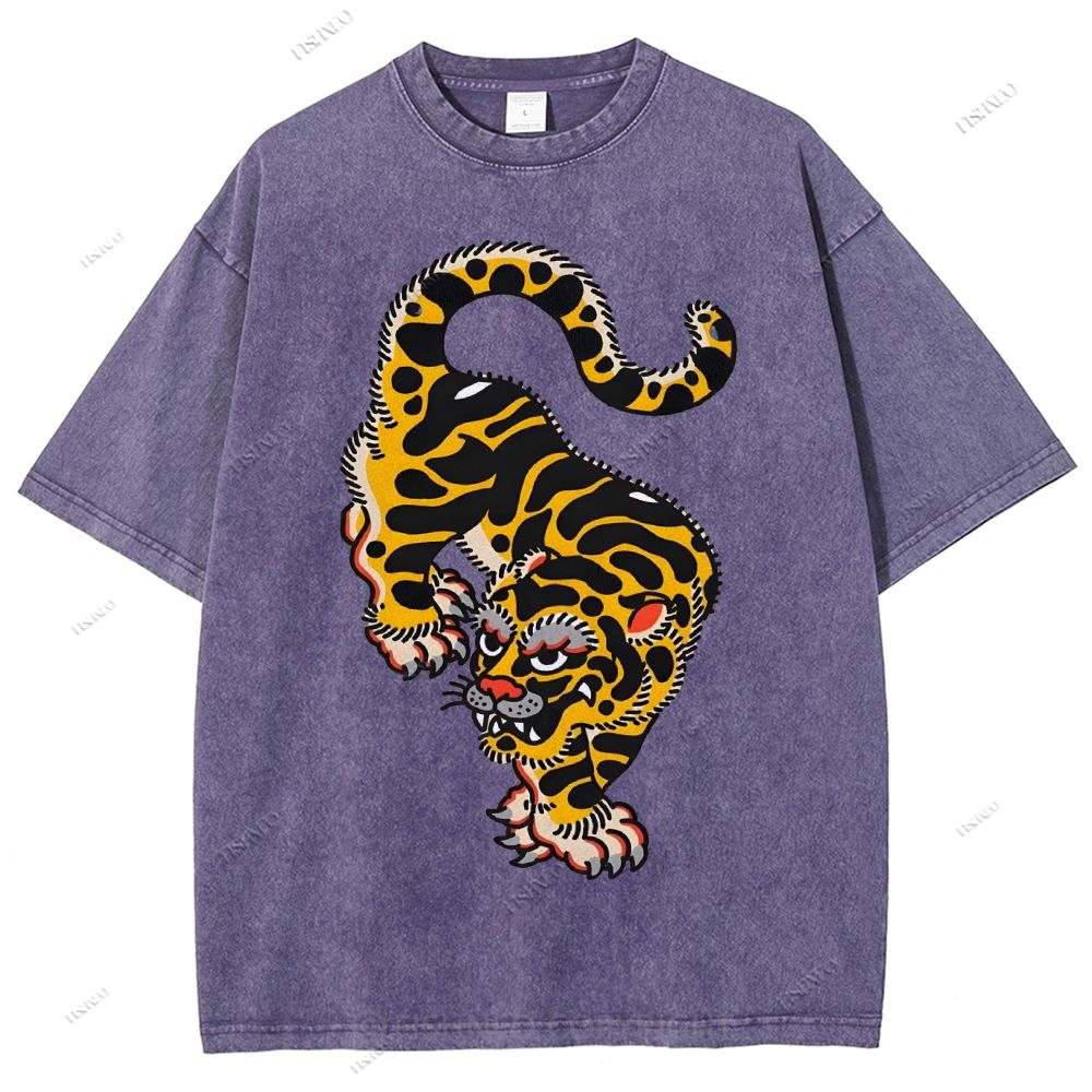 Unisex Vintage Old School Tattoo Tiger Printed Washed Tee