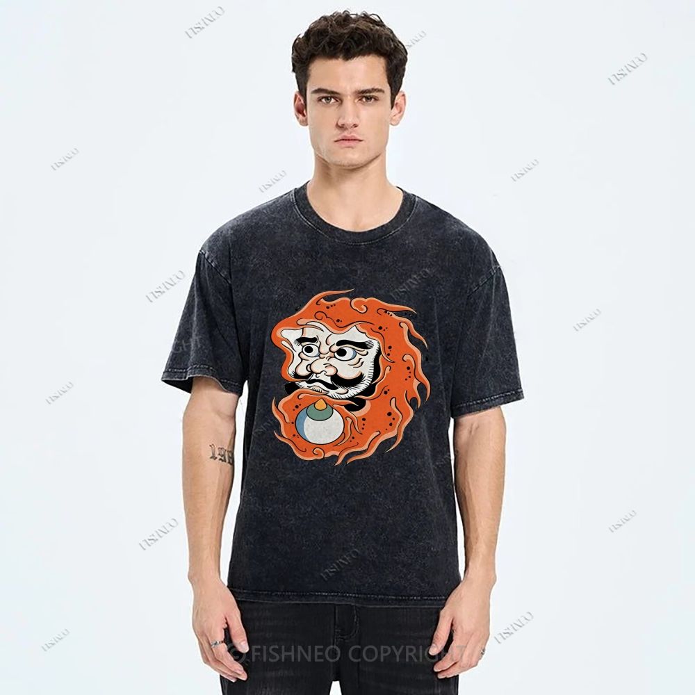 Unisex Japanese Art Bodhidharma Printed Washed Tee