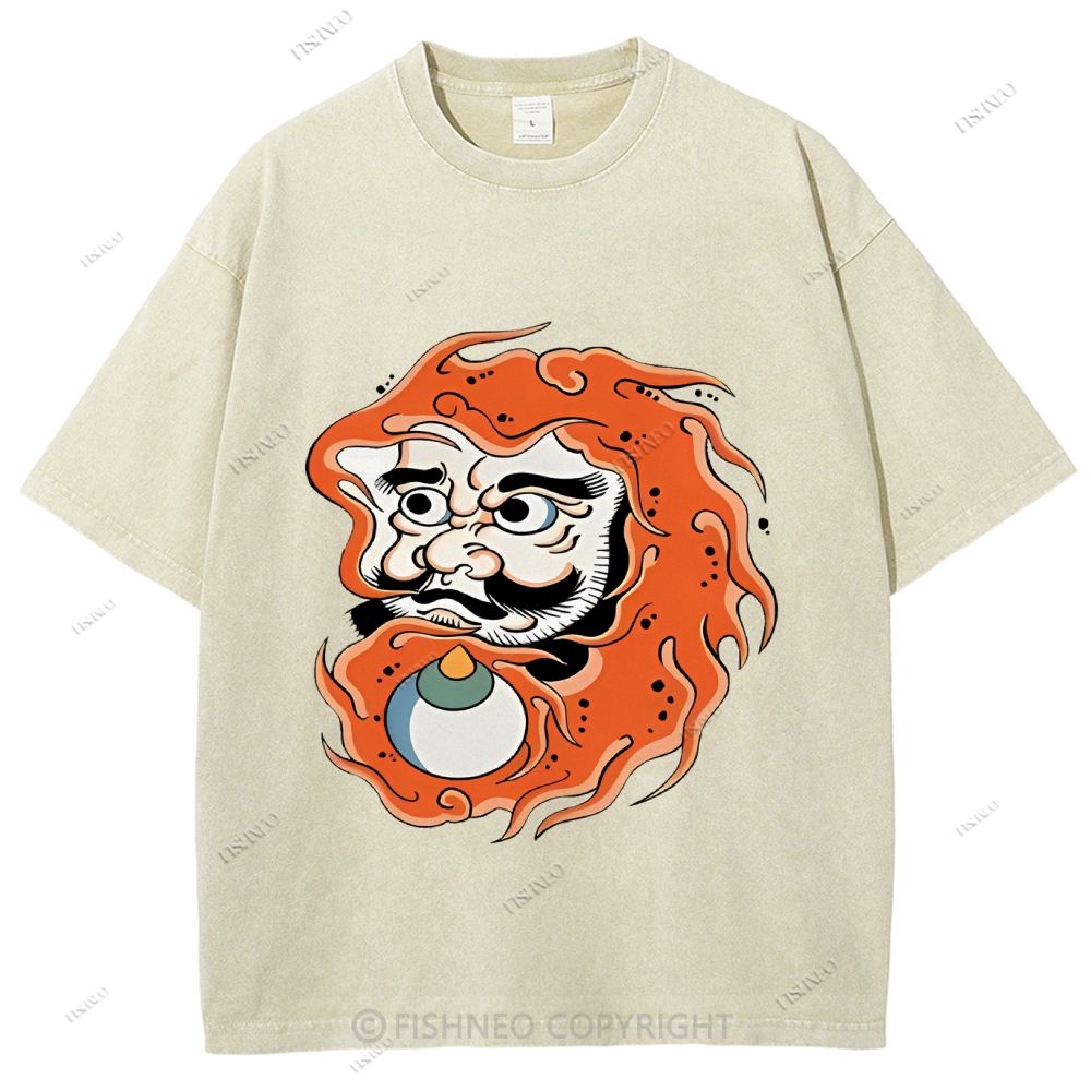Unisex Japanese Art Bodhidharma Printed Washed Tee