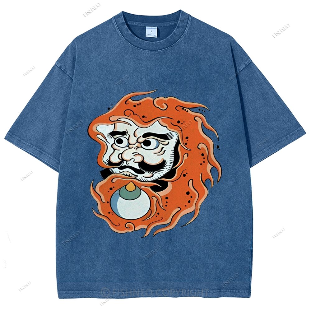Unisex Japanese Art Bodhidharma Printed Washed Tee