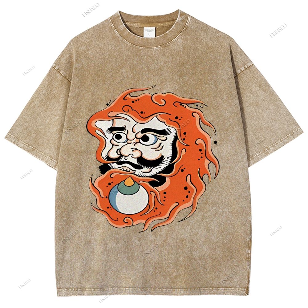 Unisex Japanese Art Bodhidharma Printed Washed Tee