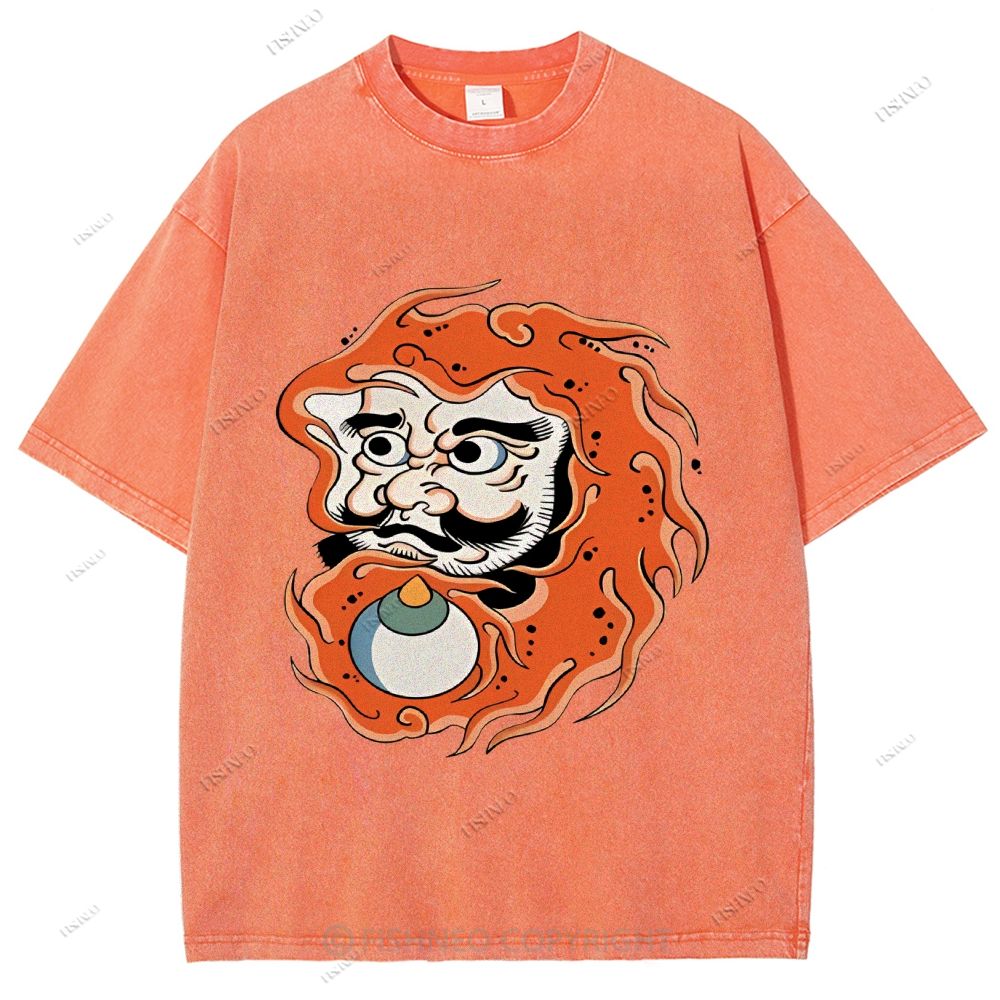 Unisex Japanese Art Bodhidharma Printed Washed Tee