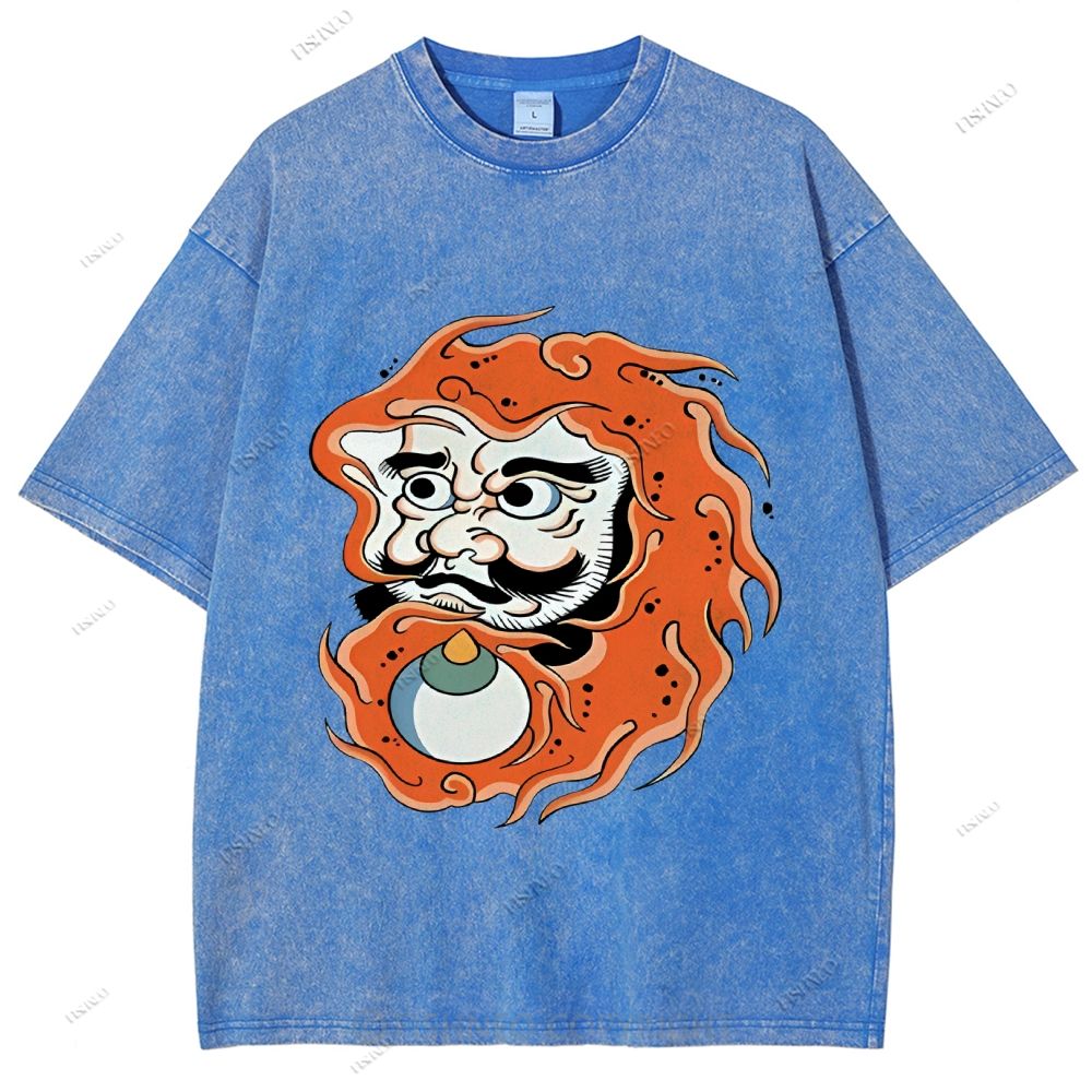 Unisex Japanese Art Bodhidharma Printed Washed Tee