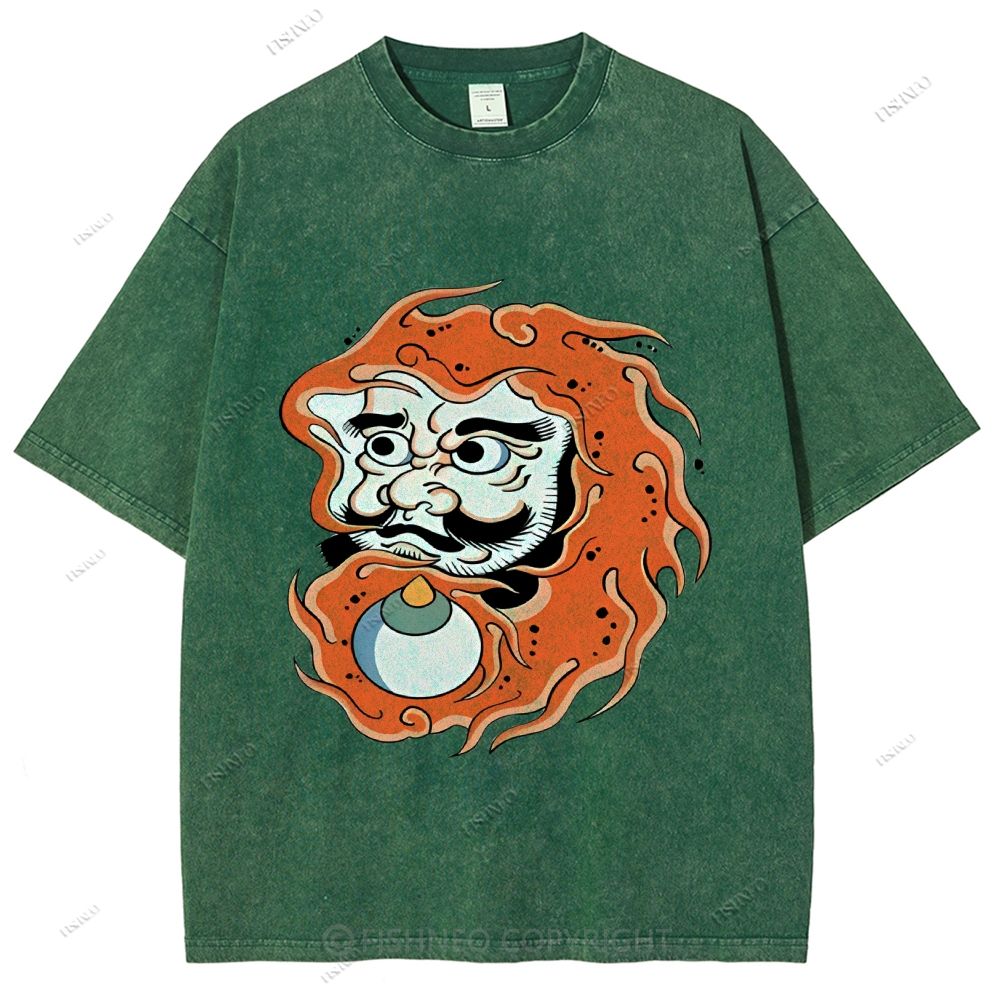 Unisex Japanese Art Bodhidharma Printed Washed Tee