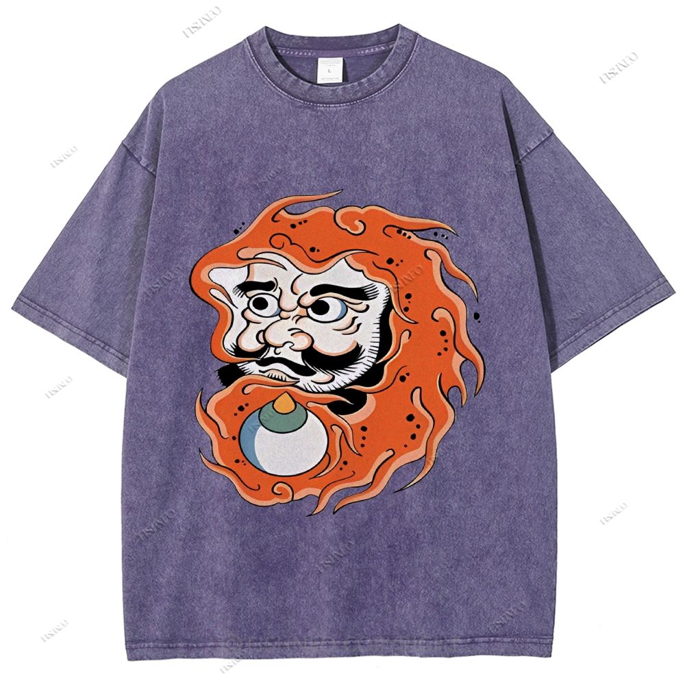 Unisex Japanese Art Bodhidharma Printed Washed Tee