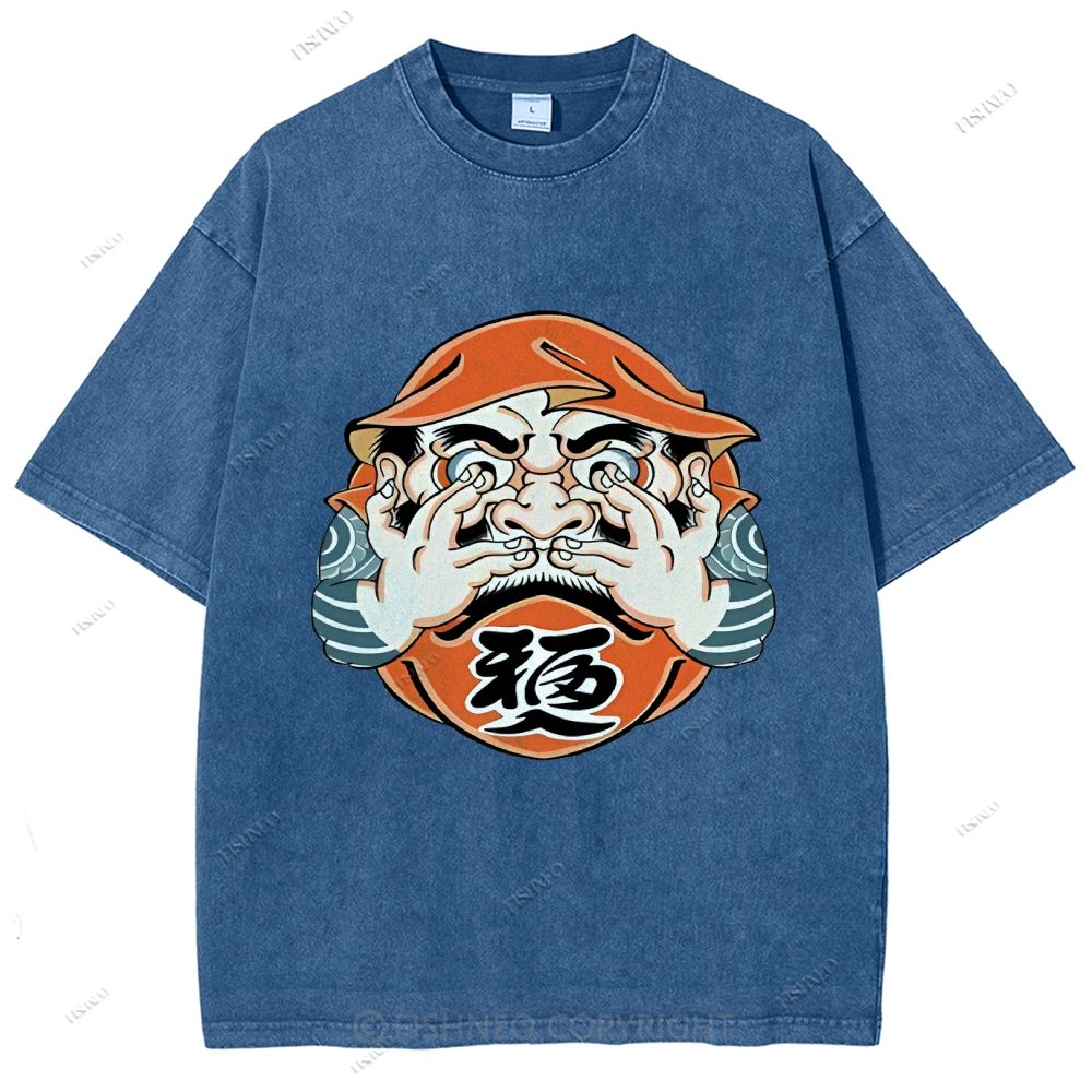 Unisex Japanese Art Bodhidharma Printed Washed Tee