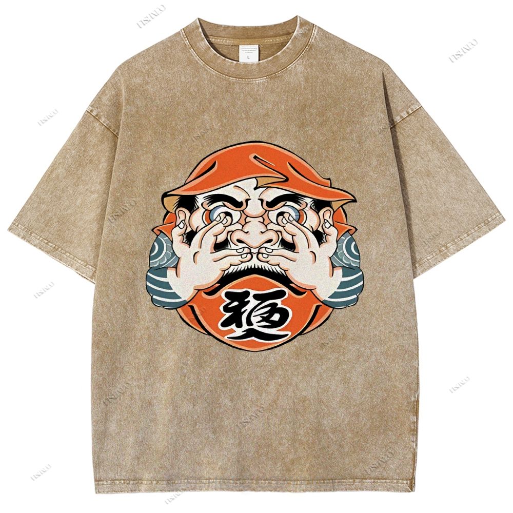 Unisex Japanese Art Bodhidharma Printed Washed Tee