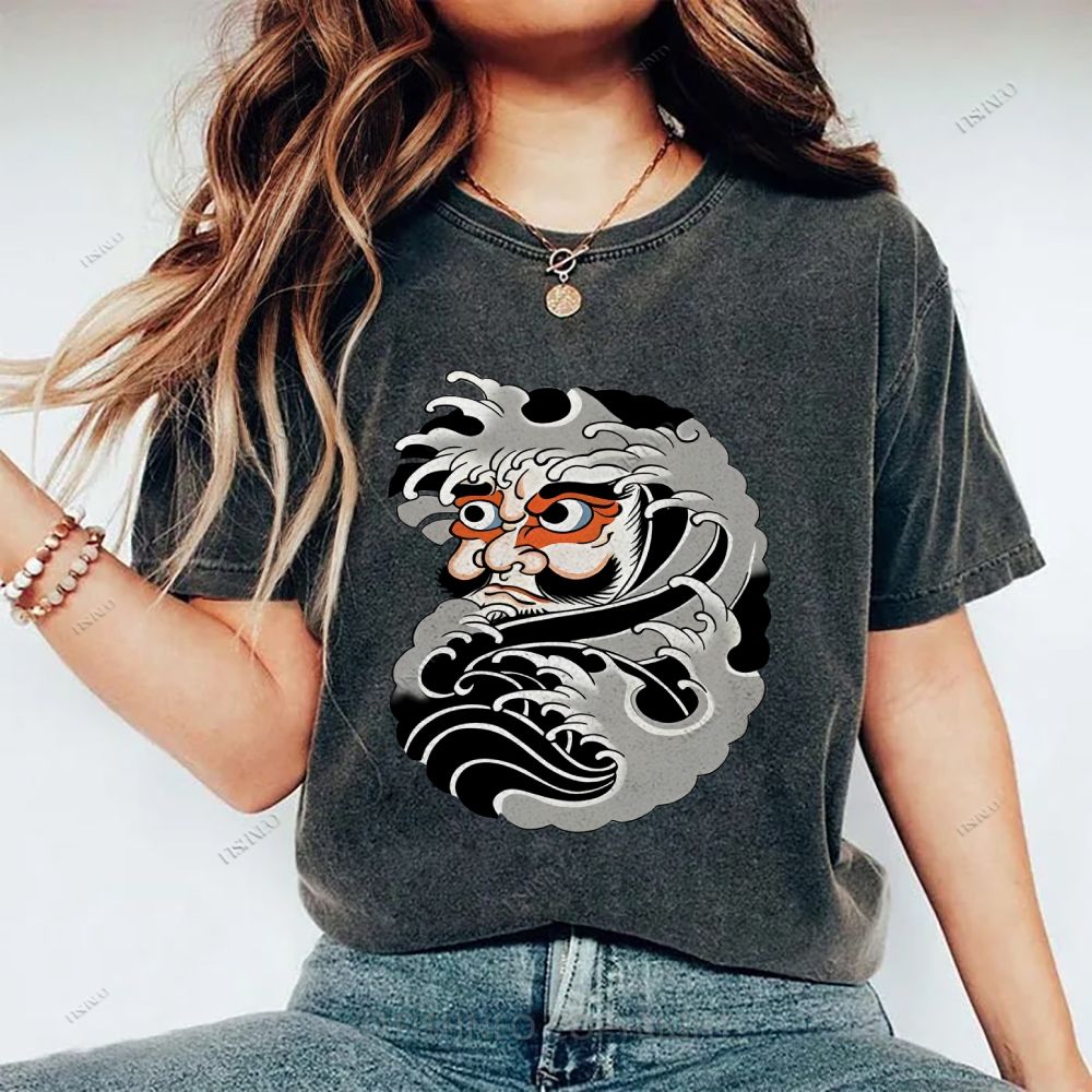 Unisex Japanese Art Bodhidharma Printed Washed Tee