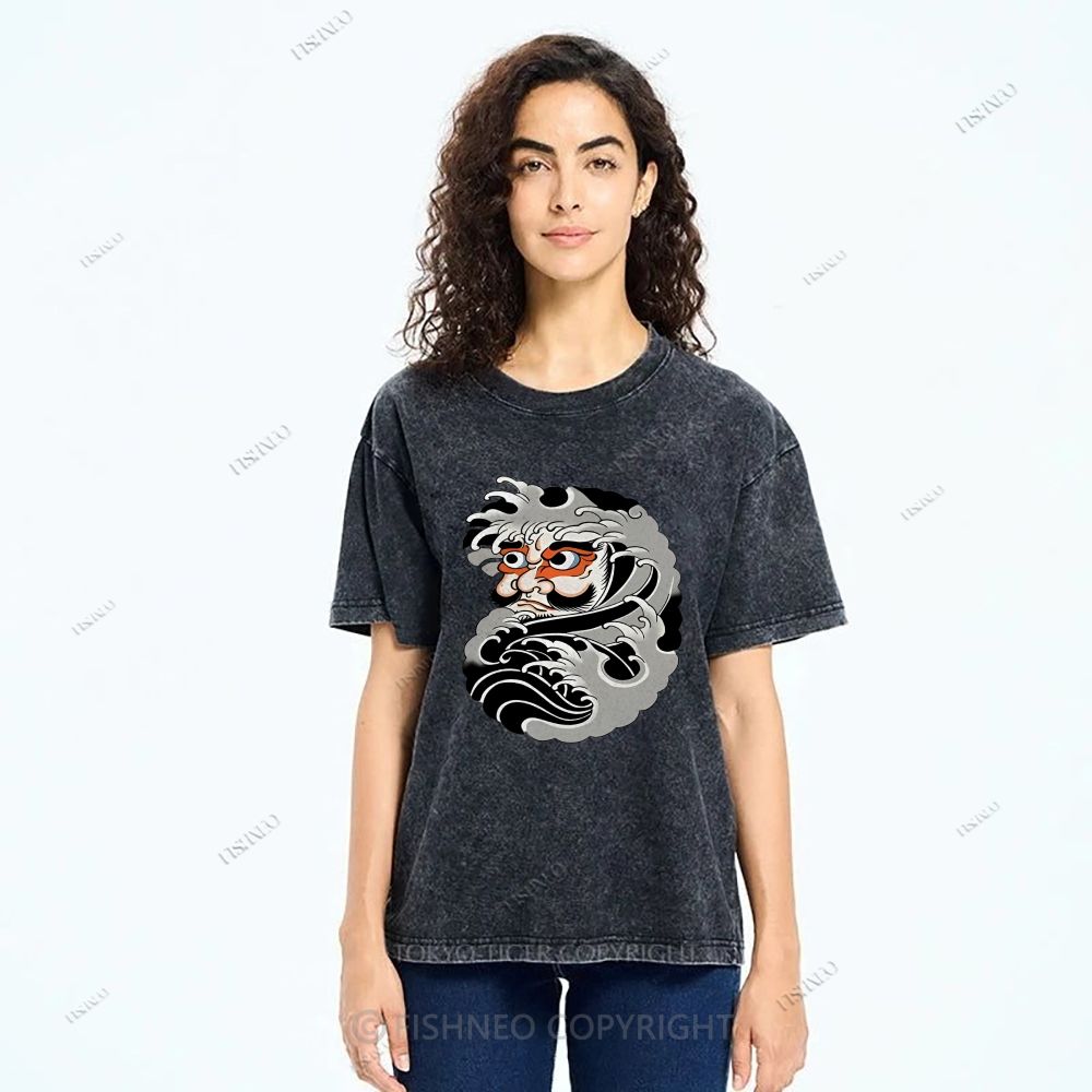 Unisex Japanese Art Bodhidharma Printed Washed Tee