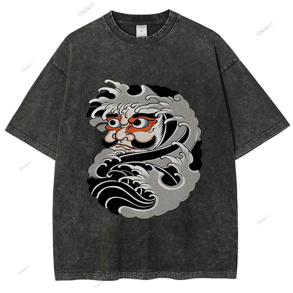 Unisex Japanese Art Bodhidharma Printed Washed Tee