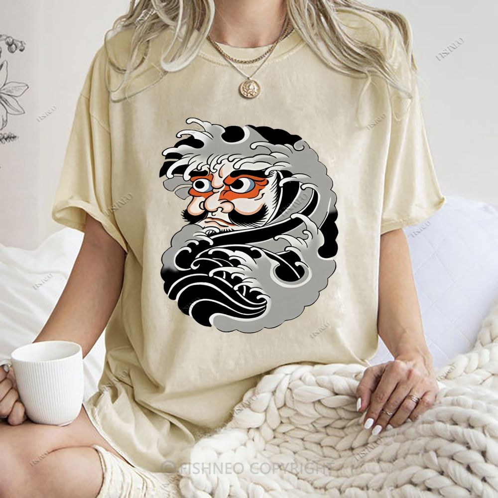 Unisex Japanese Art Bodhidharma Printed Washed Tee