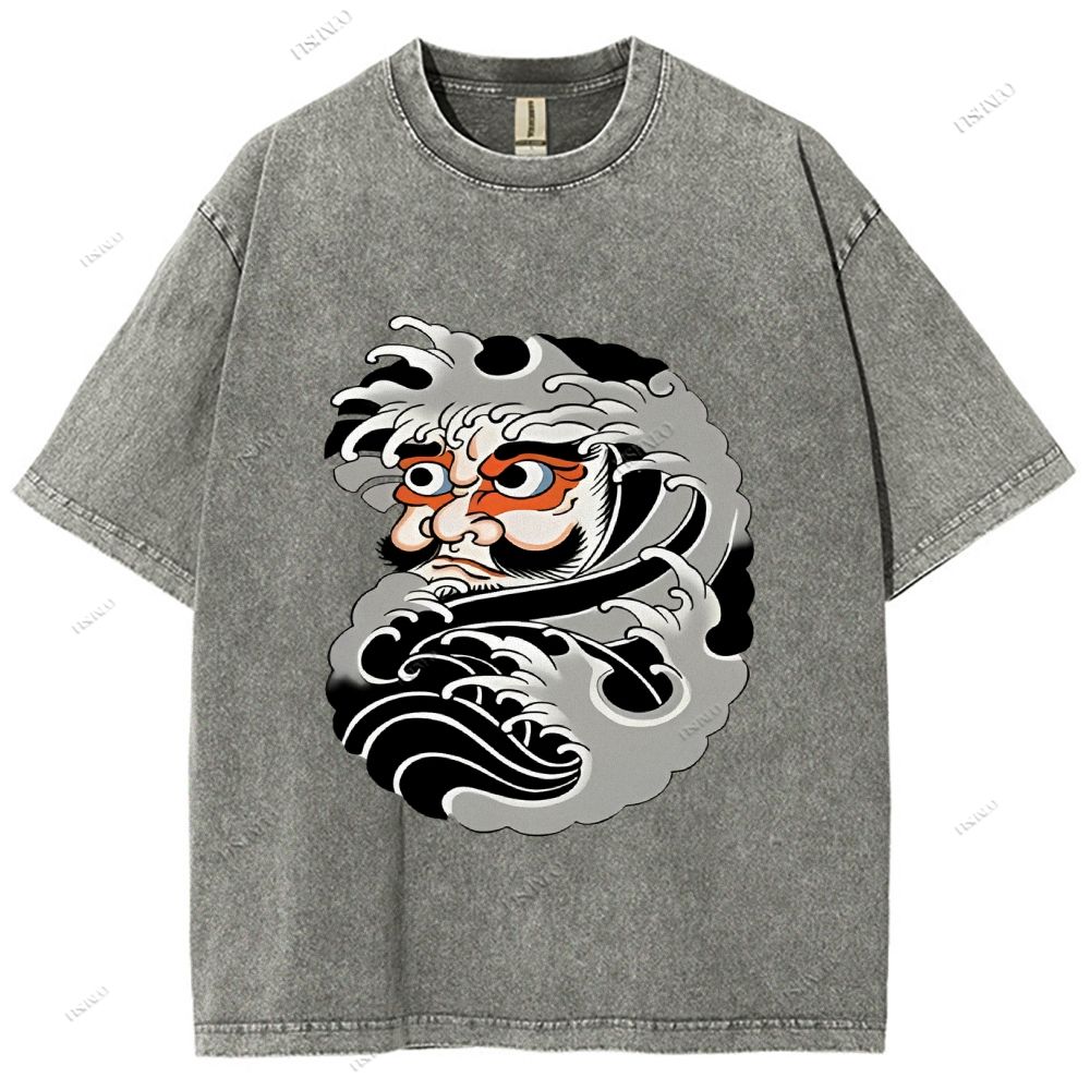 Unisex Japanese Art Bodhidharma Printed Washed Tee