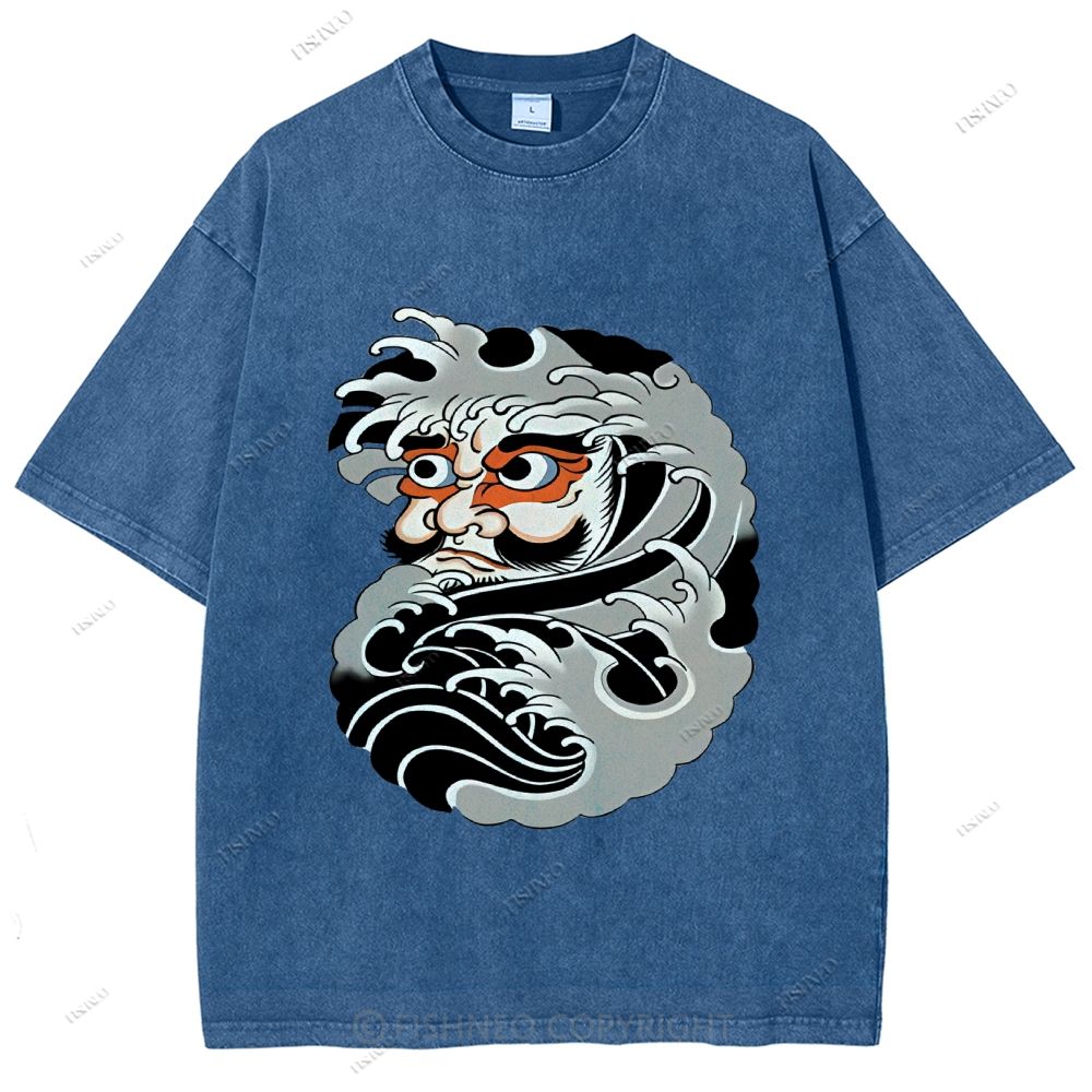 Unisex Japanese Art Bodhidharma Printed Washed Tee