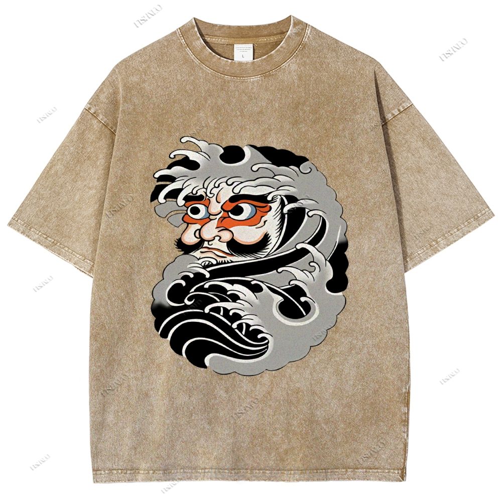 Unisex Japanese Art Bodhidharma Printed Washed Tee