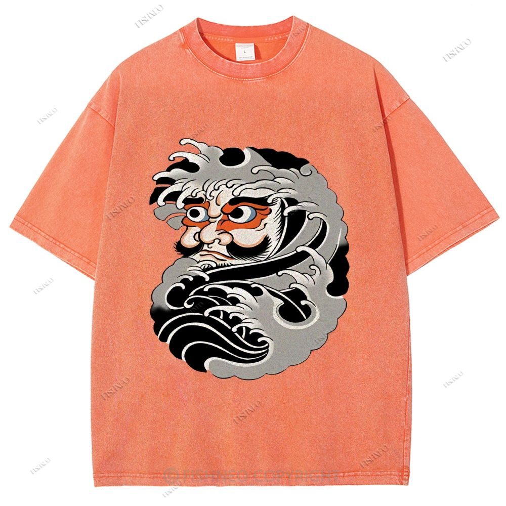 Unisex Japanese Art Bodhidharma Printed Washed Tee