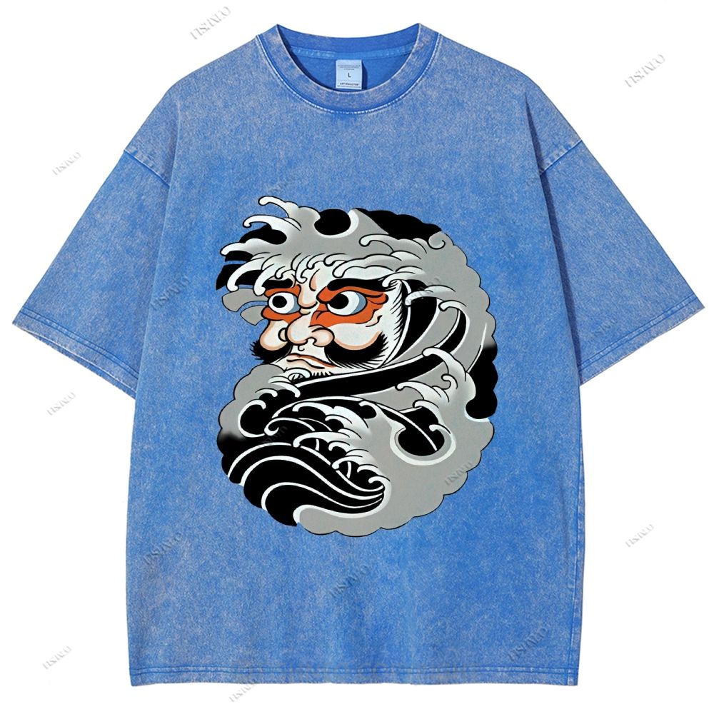Unisex Japanese Art Bodhidharma Printed Washed Tee