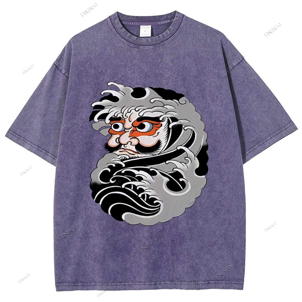Unisex Japanese Art Bodhidharma Printed Washed Tee