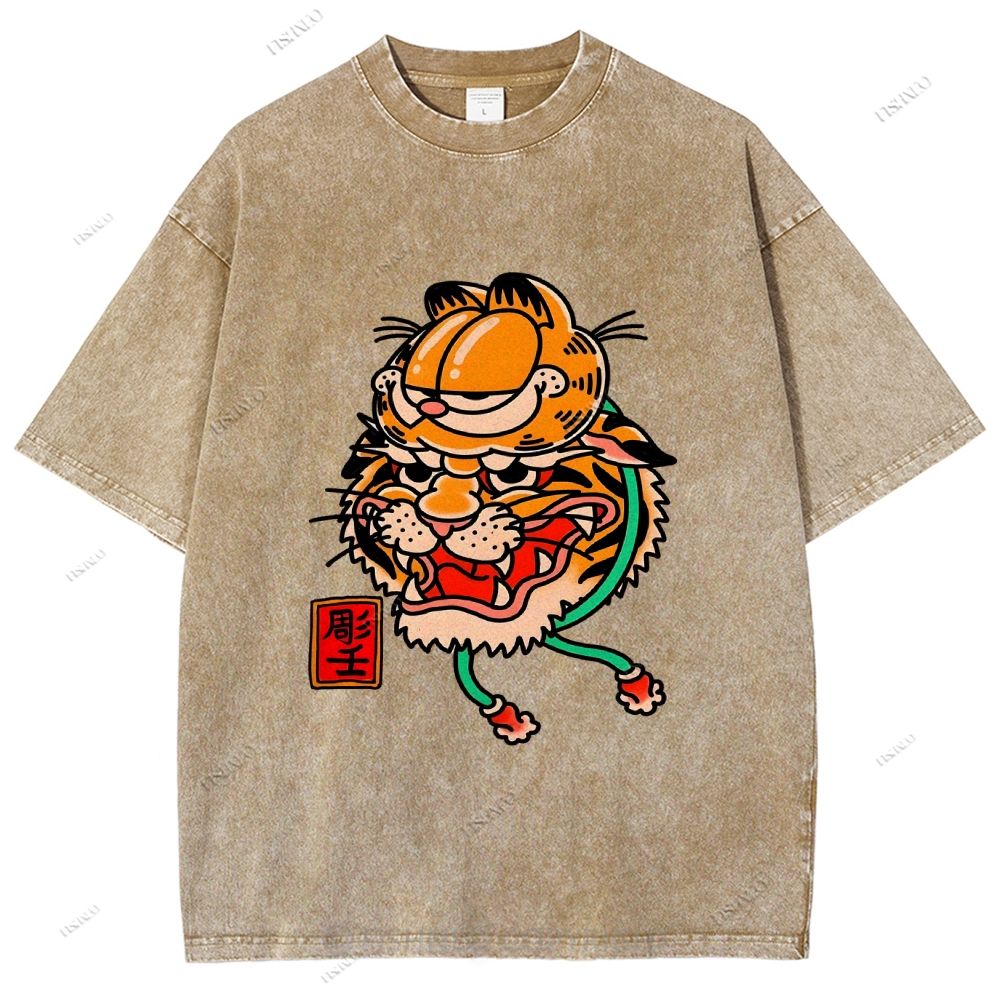 Unisex Vintage Old School Garfield Tiger Printed Washed Tee