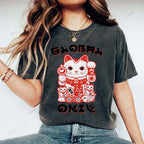 Unisex Japanese Vintage Fortune Cat Printed Washed Tee